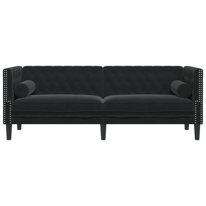 Sofá chesterfield com rolos 3 lugares veludo preto