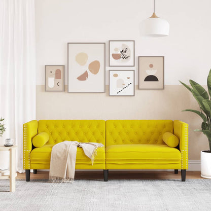 Sofá chesterfield com rolos 3 lugares veludo amarelo