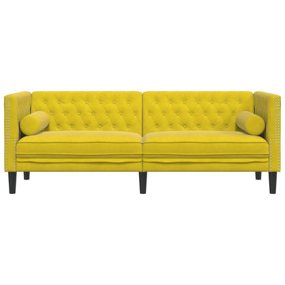 Sofá chesterfield com rolos 3 lugares veludo amarelo