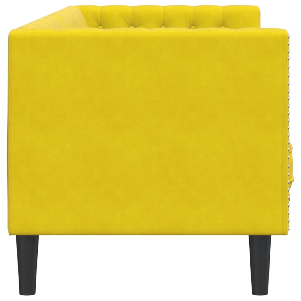 Sofá chesterfield com rolos 3 lugares veludo amarelo
