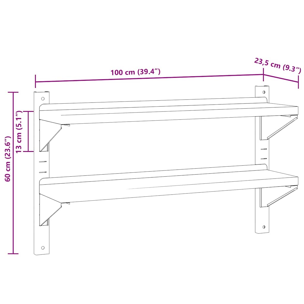 Estante parede 2 prateleiras 100x23,5x60cm aço inoxidável prata