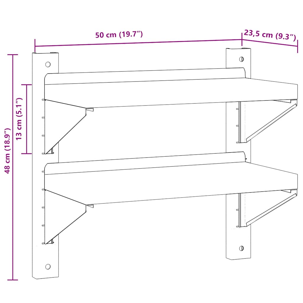 Estante parede 2 prateleiras 50x23,5x48 cm aço inoxidável prata