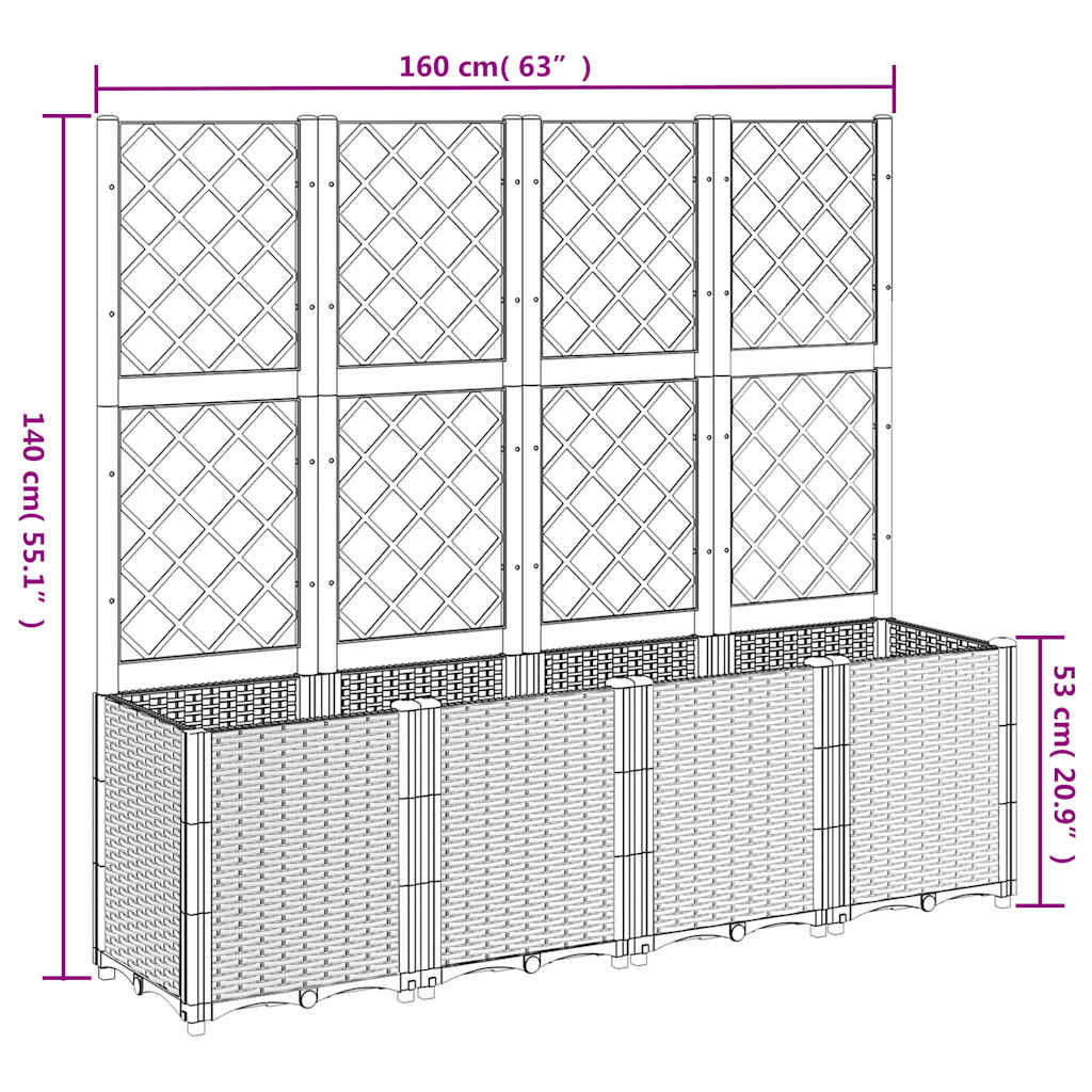Vaso/floreira de jardim c/ treliça 160x40x140 cm PP cinzento azul