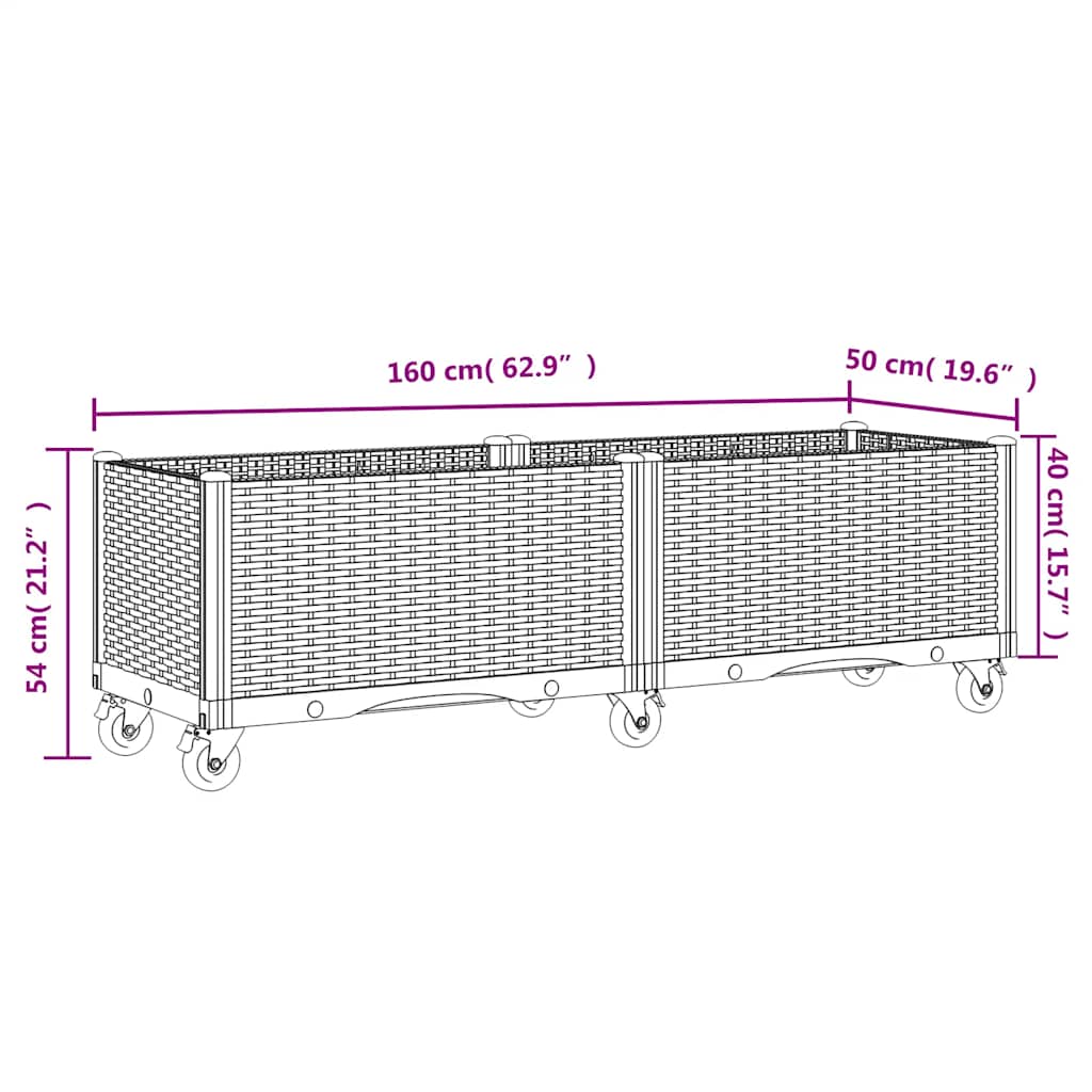 Vaso/floreira de jardim com rodas 160x50x54 cm PP cinzento azul