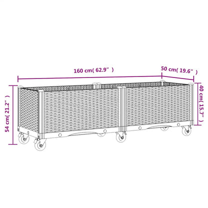 Vaso/floreira de jardim com rodas 160x50x54 cm PP cinzento azul