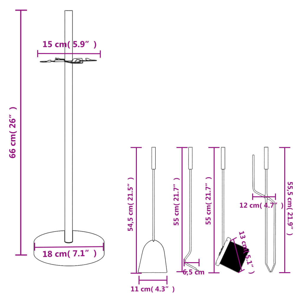 Conjunto de ferramentas para lareira de 5 peças 18x66 cm aço