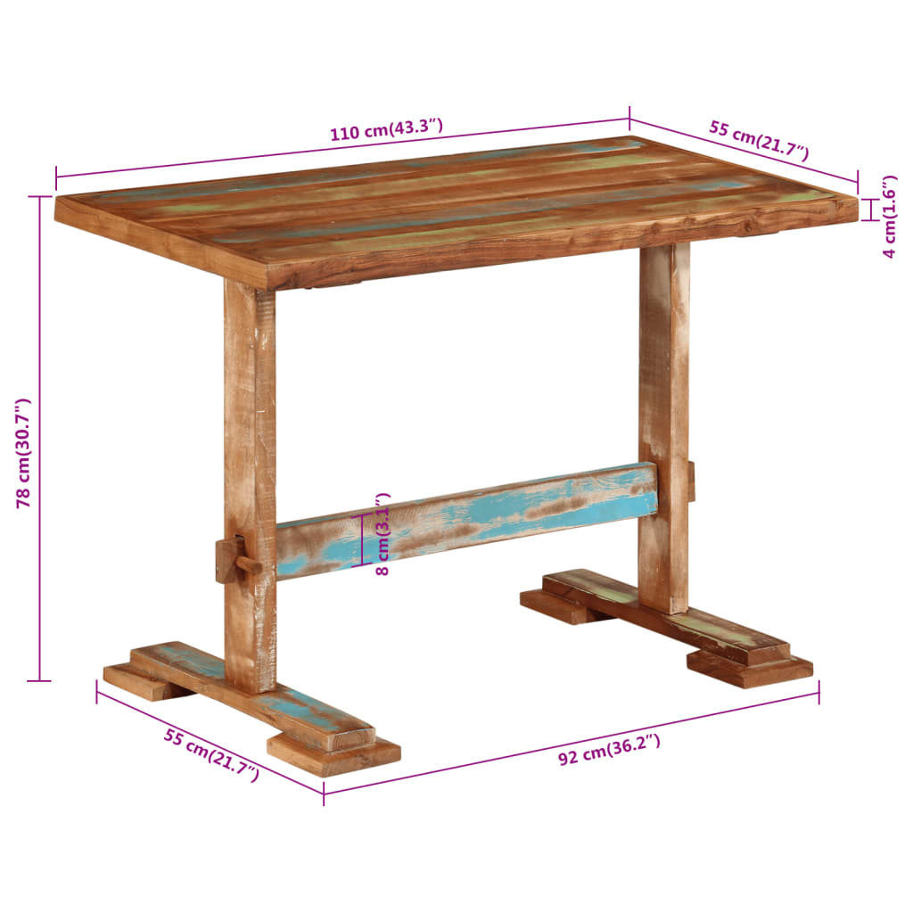 Mesa de jantar 110x55x78 cm madeira recuperada maciça