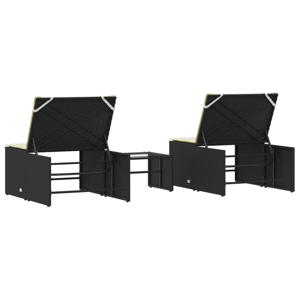 Espreguiçadeiras modulares com mesa 2 pcs vime PE preto