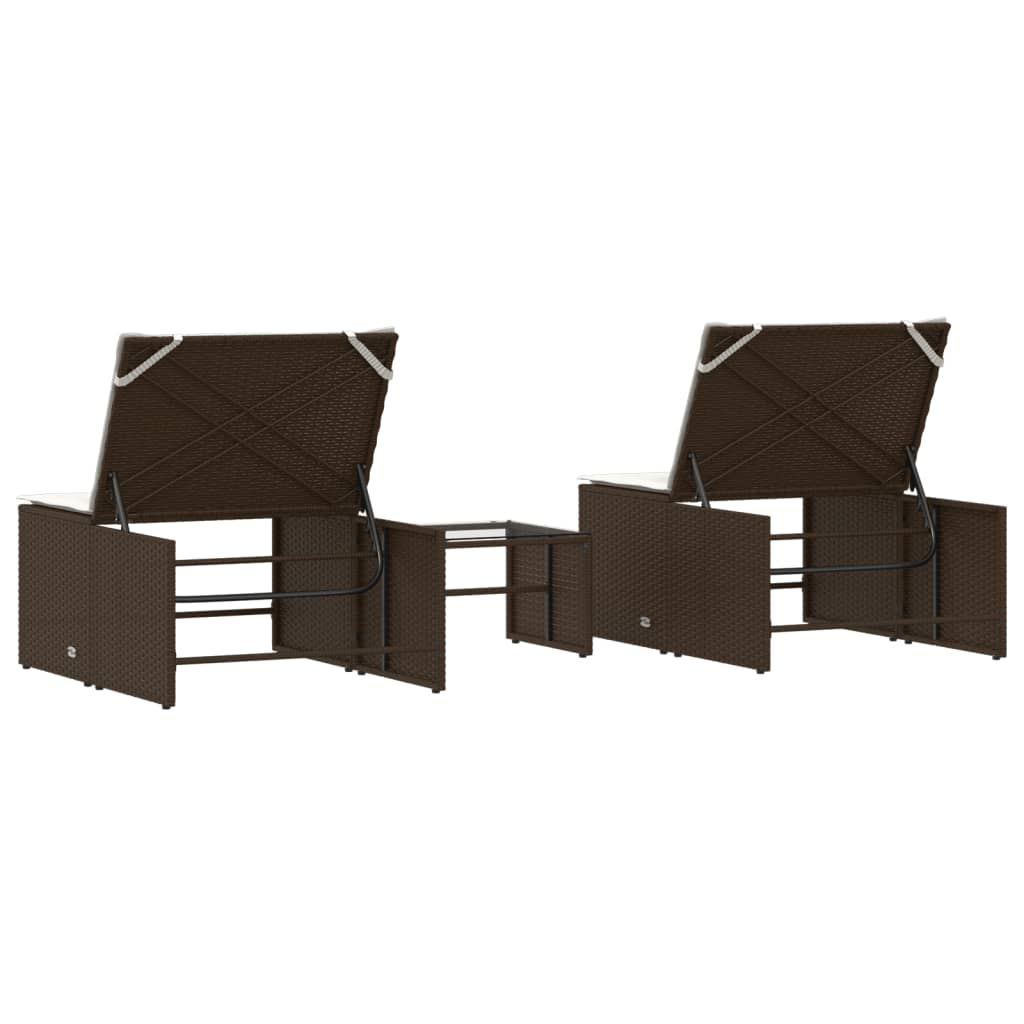 Espreguiçadeiras modulares com mesa 2 pcs vime PE castanho