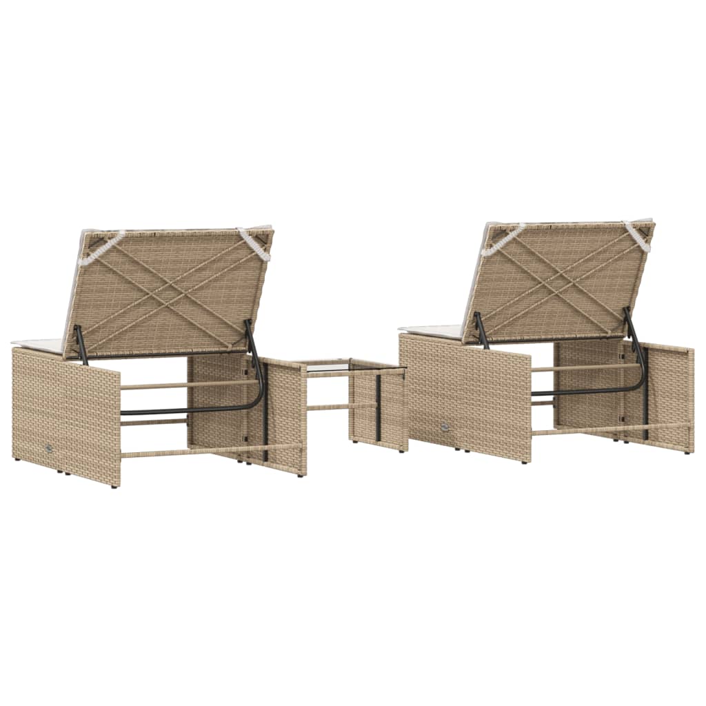 Espreguiçadeiras modulares com mesa 2 pcs vime PE bege