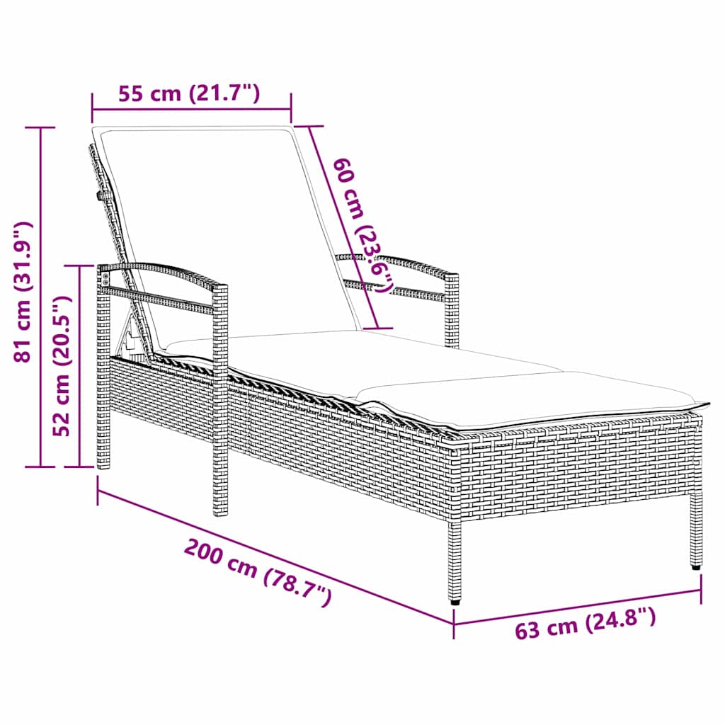 Espreguiçadeira com almofada marrom 63x200x81 cm vime sintético (apenas EUA)