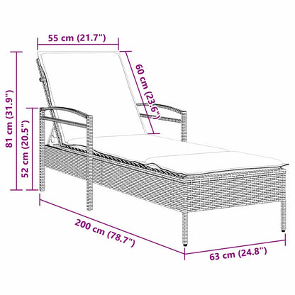 Espreguiçadeira com almofada marrom 63x200x81 cm vime sintético (apenas EUA)