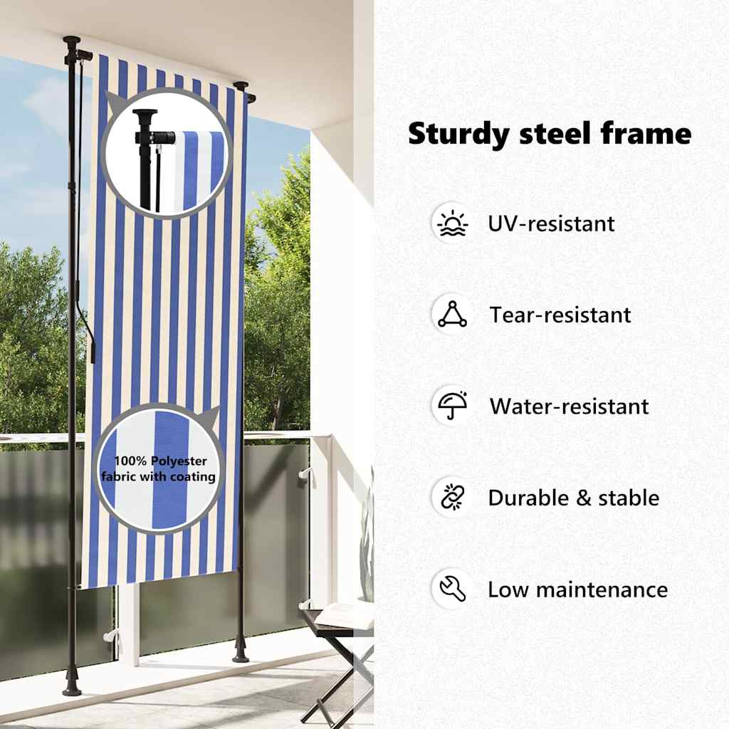Estore de rolo para exterior 120x270cm tecido/aço azul e branco