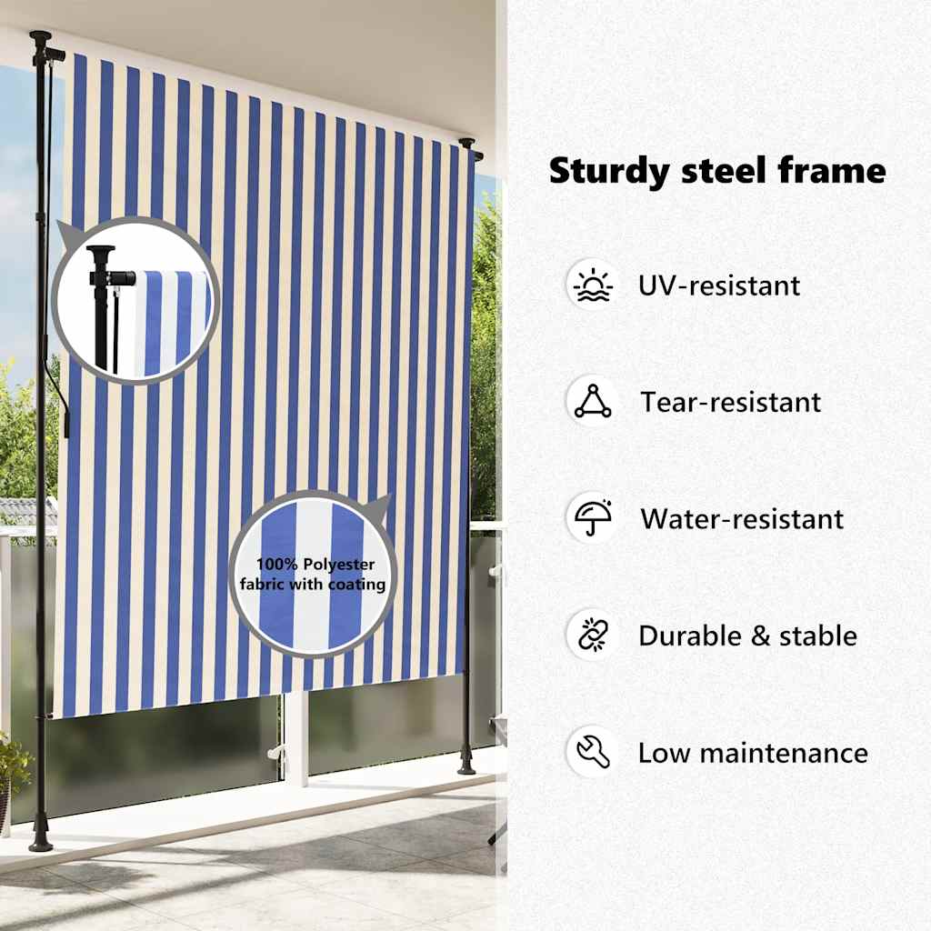 Estore de rolo para exterior 150x270cm tecido/aço azul e branco