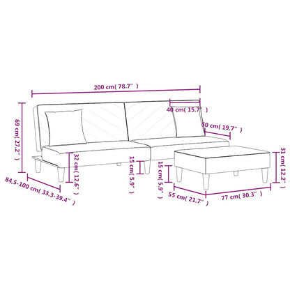 Sofá-cama 2 lugares c/ almofadas e apoio de pés tecido preto