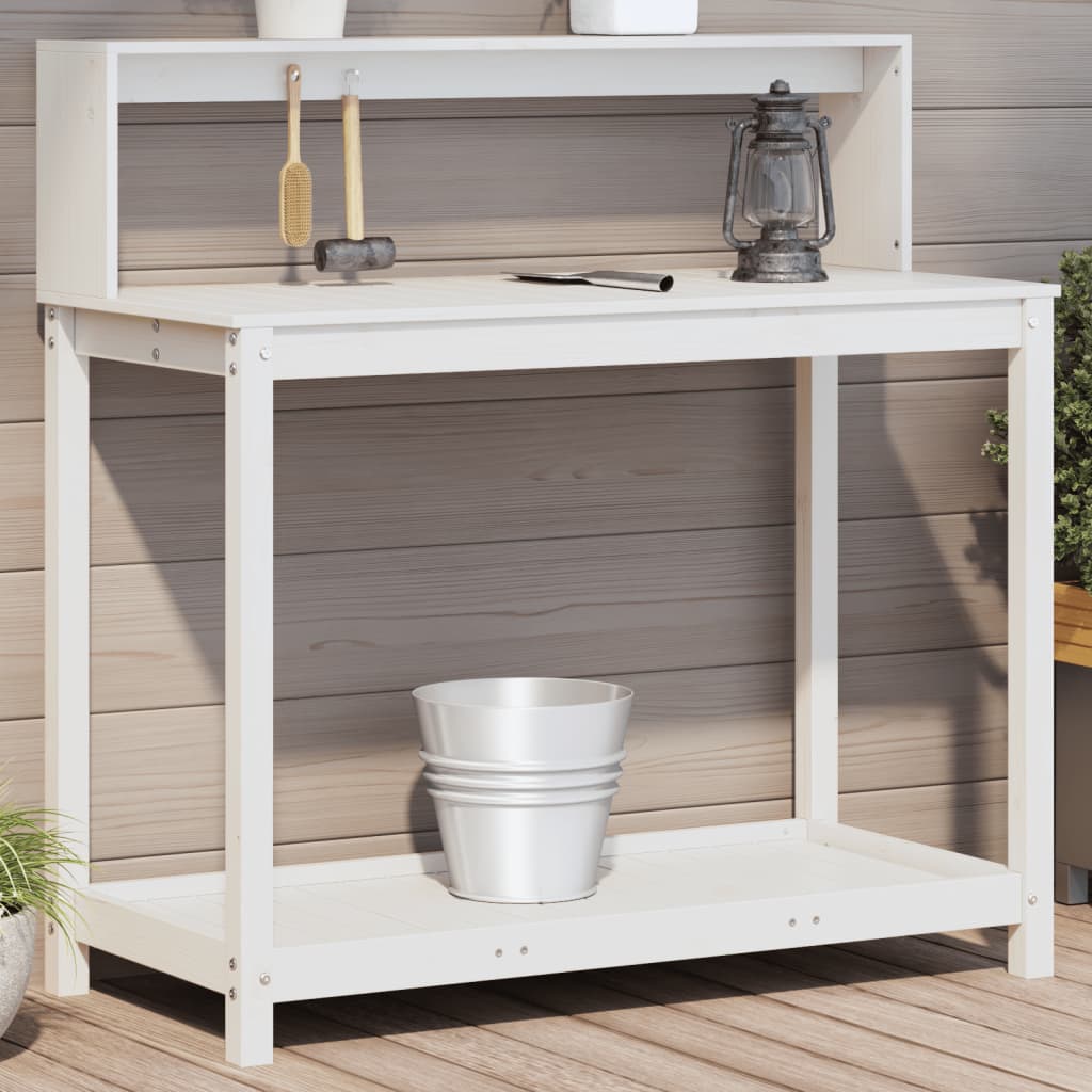 Mesa de jardinagem com prateleiras madeira pinho maciça branco