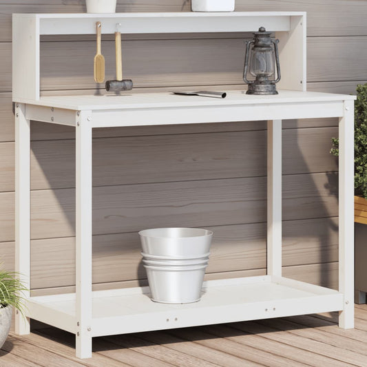 Mesa de jardinagem com prateleiras madeira pinho maciça branco