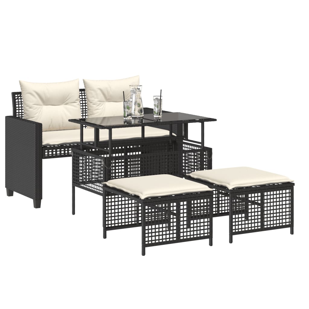4 pcs conj. sofás p/ jardim c/ almofadões vime PE/vidro preto