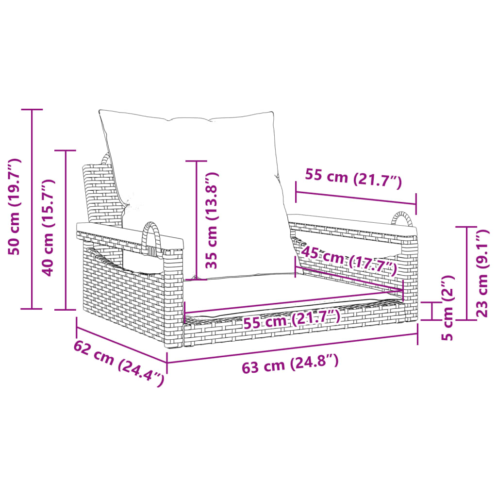 Banco baloiço com almofadões 63x62x40 cm vime PE cinzento