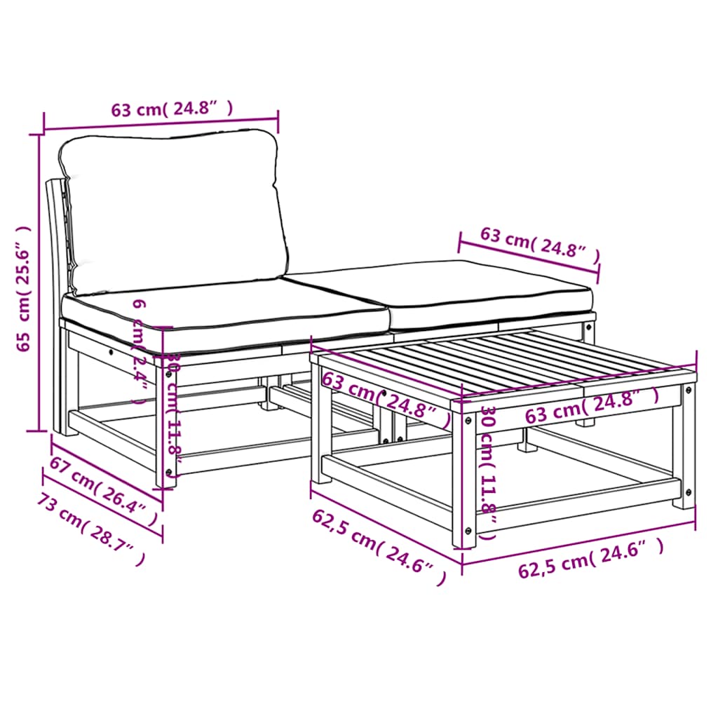 3 pcs conjunto lounge de jardim c/ almofadões acácia maciça