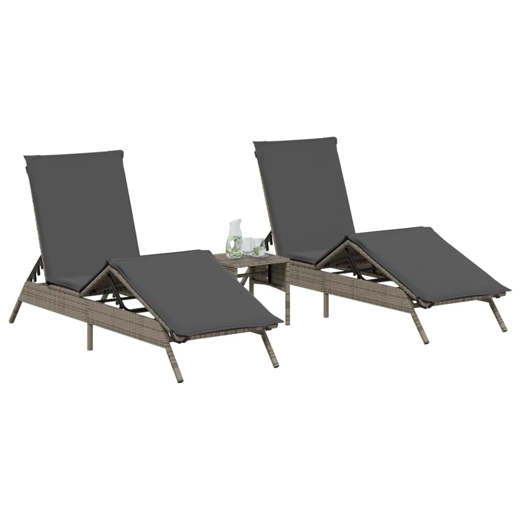 Espreguiçadeiras com mesa 2 pcs vime PE cinzento
