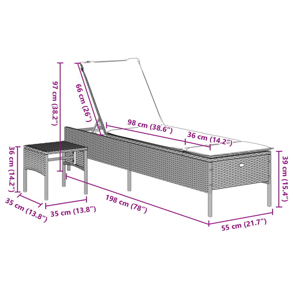 Espreguiçadeira com mesa e almofadão vime PE castanho