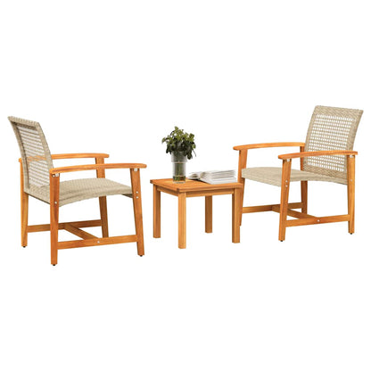 3 pcs conjunto de bistrô vime PE e madeira de acácia bege