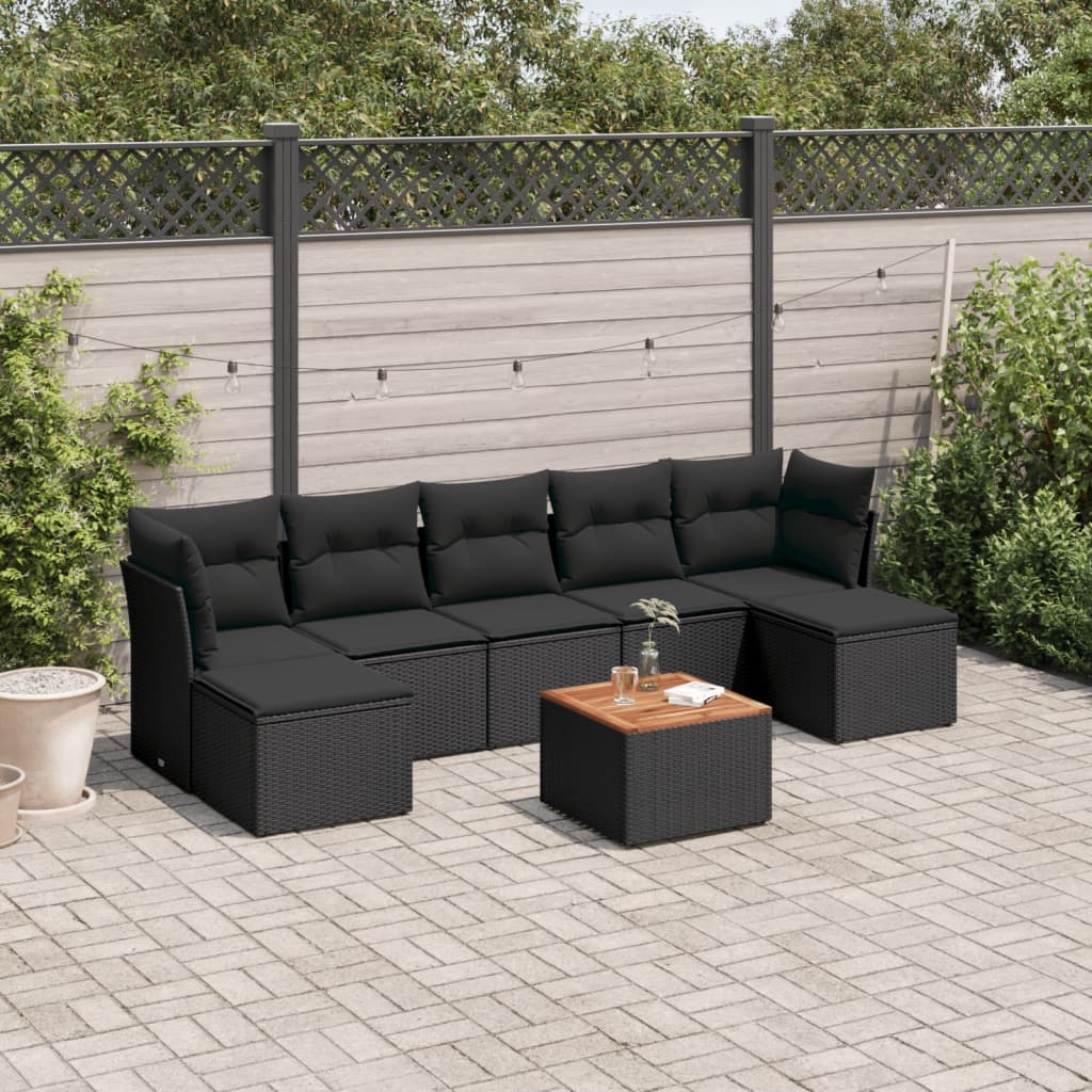 8 pcs conjunto sofás de jardim com almofadões vime PE preto