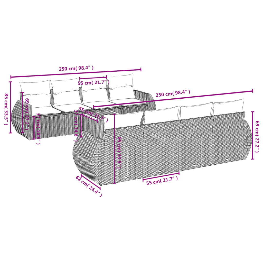9 pcs conjunto sofás p/ jardim com almofadões vime PE cinzento