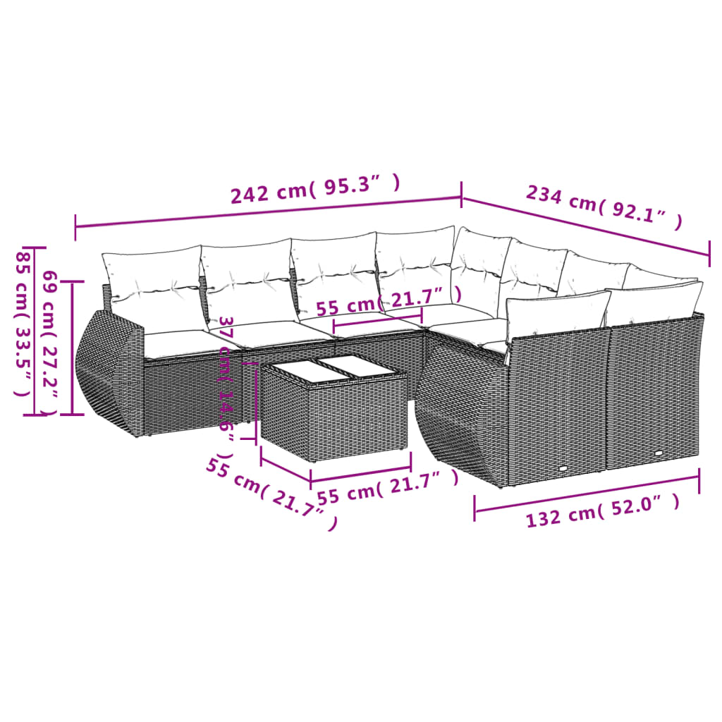 9 pcs conjunto de sofás p/ jardim c/ almofadões vime PE preto