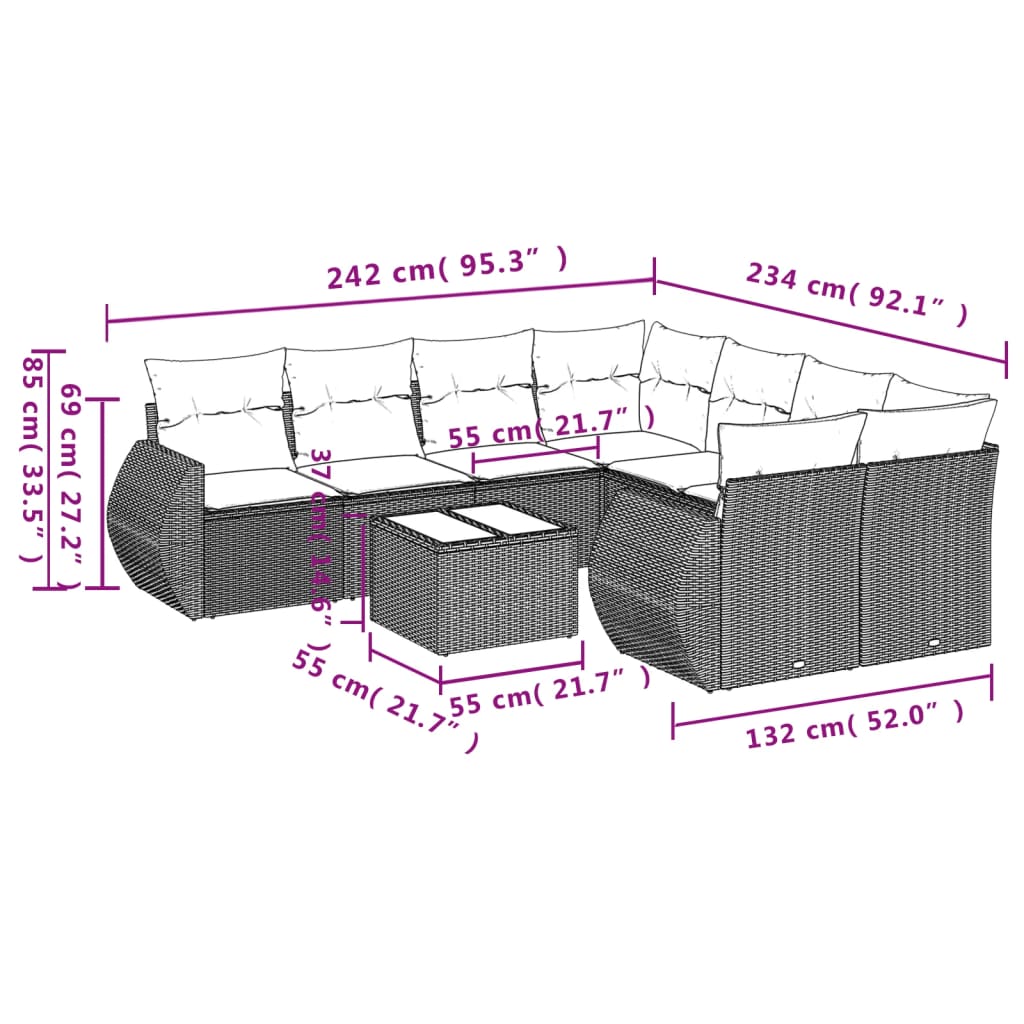 9 pcs conjunto de sofás p/ jardim c/ almofadões vime PE preto