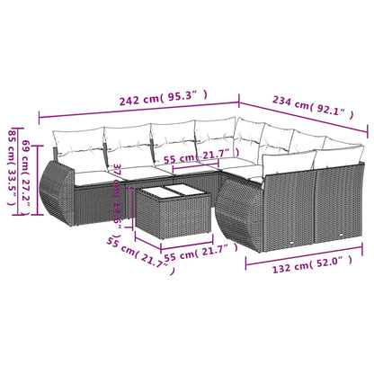 9 pcs conjunto de sofás p/ jardim c/ almofadões vime PE preto