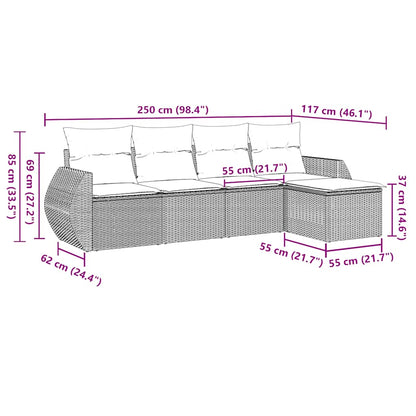 5 pcs conj. sofás jardim c/ almofadões vime PE cinzento-claro