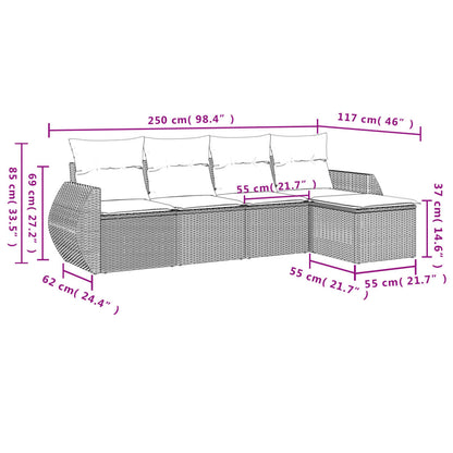 5 pcs conjunto sofás p/ jardim c/ almofadões vime PE castanho
