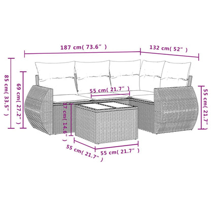 5 pcs conjunto sofás de jardim c/ almofadões vime PE cinzento