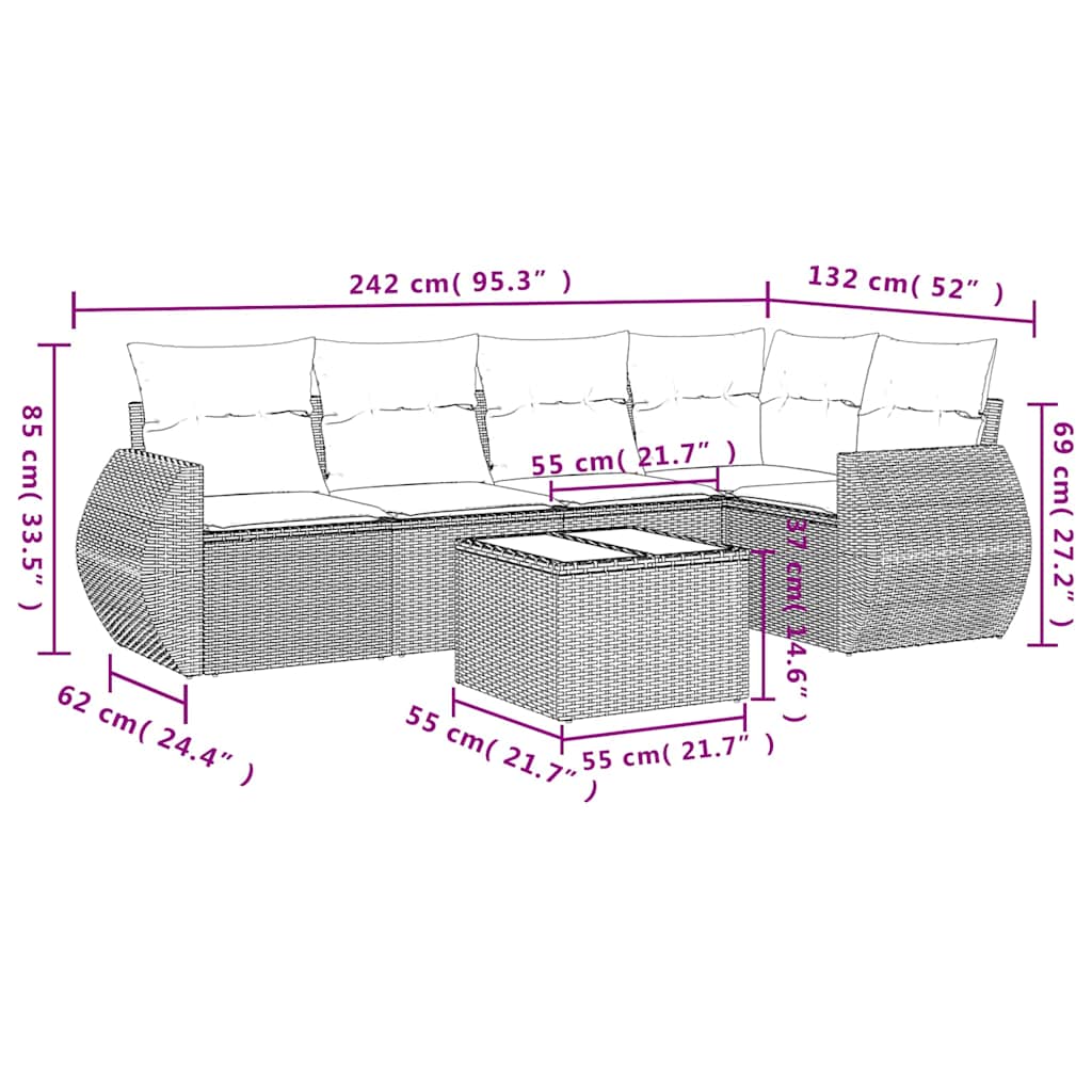 6 pcs conj. sofás jardim com almofadões vime PE cinzento-claro