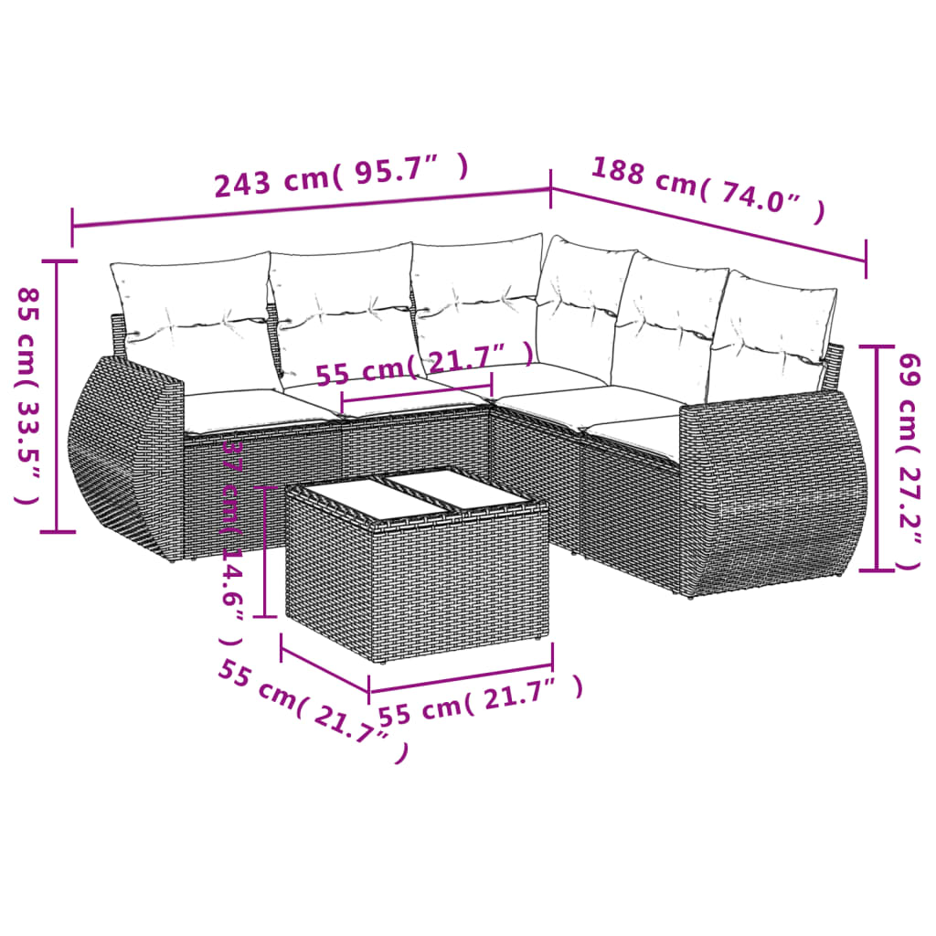 6 pcs conjunto de sofás jardim c/ almofadões vime PE castanho