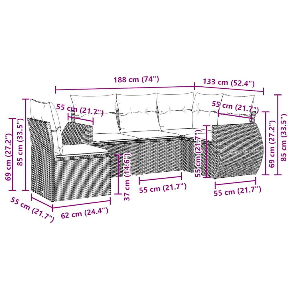 5 pcs conj. sofás jardim c/ almofadões vime PE cinzento-claro