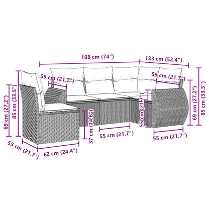 5 pcs conj. sofás jardim c/ almofadões vime PE cinzento-claro