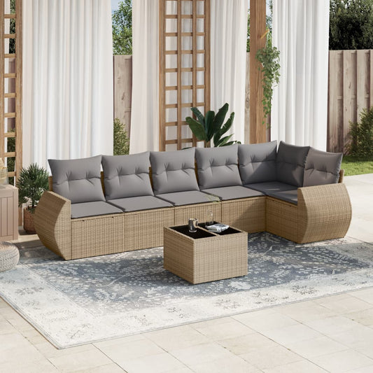 7 pcs conjunto de sofás p/ jardim com almofadões vime PE bege