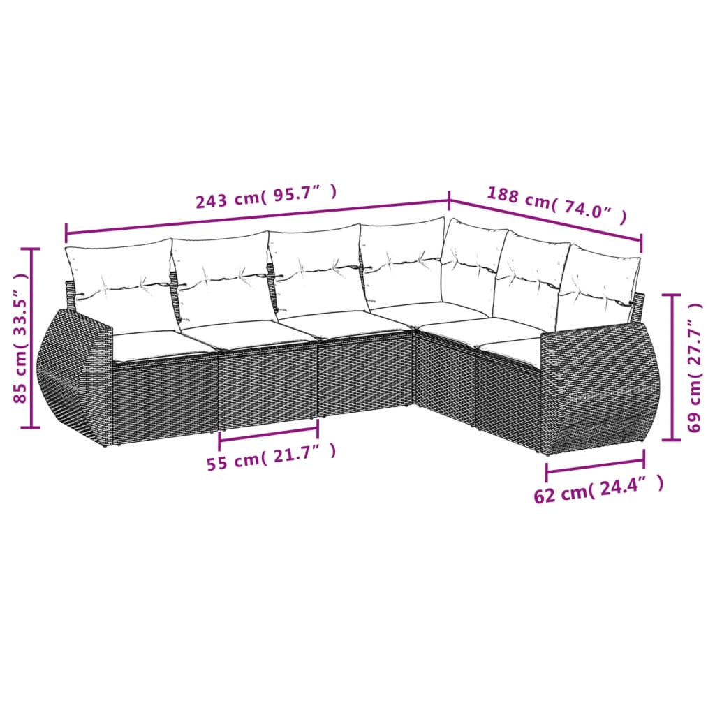 6 pcs conjunto de sofás jardim c/ almofadões vime PE castanho