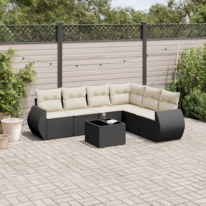 7 pcs conjunto de sofás p/ jardim c/ almofadões vime PE preto