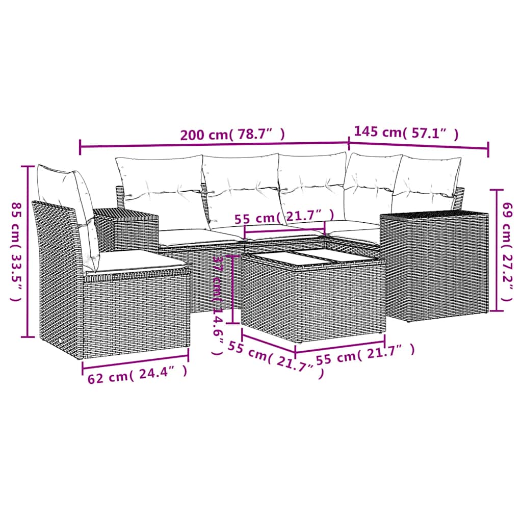 6 pcs conj. sofás jardim com almofadões vime PE cinzento-claro