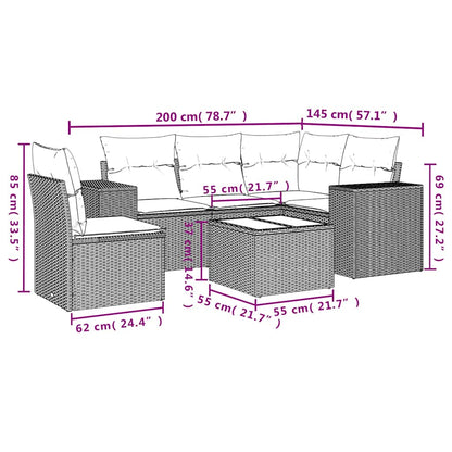 6 pcs conj. sofás jardim com almofadões vime PE cinzento-claro