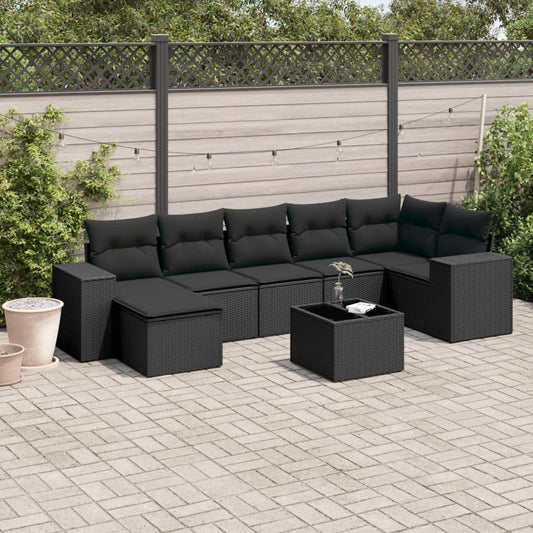 8 pcs conjunto sofás de jardim com almofadões vime PE preto
