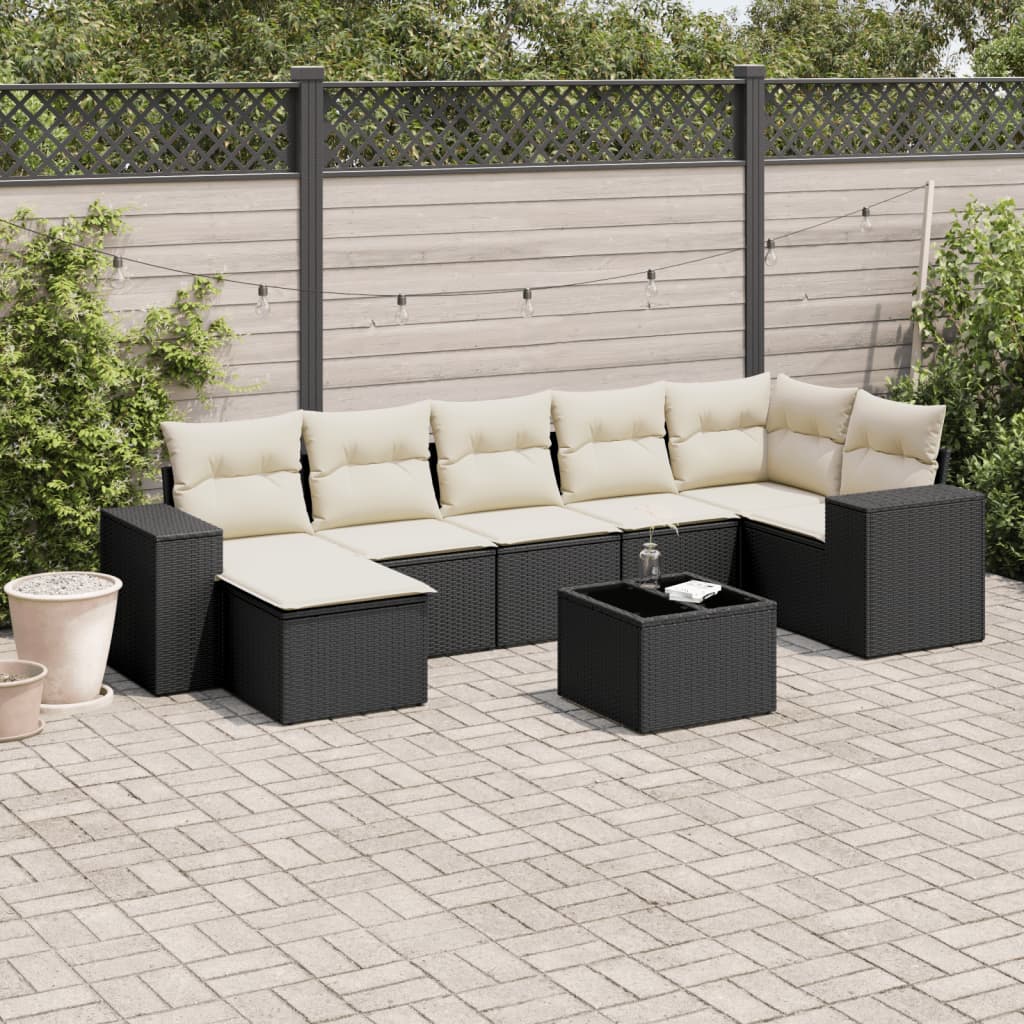 8 pcs conjunto sofás de jardim com almofadões vime PE preto
