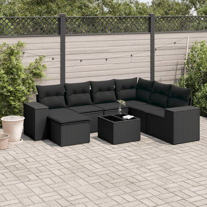 8 pcs conjunto sofás de jardim com almofadões vime PE preto