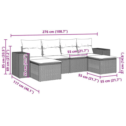 6 pcs conjunto de sofás jardim c/ almofadões vime PE castanho
