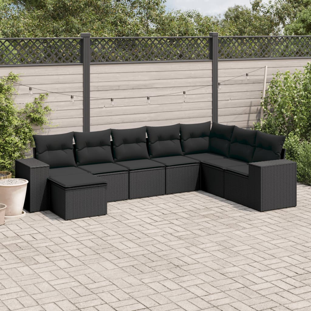 8 pcs conjunto sofás de jardim com almofadões vime PE preto