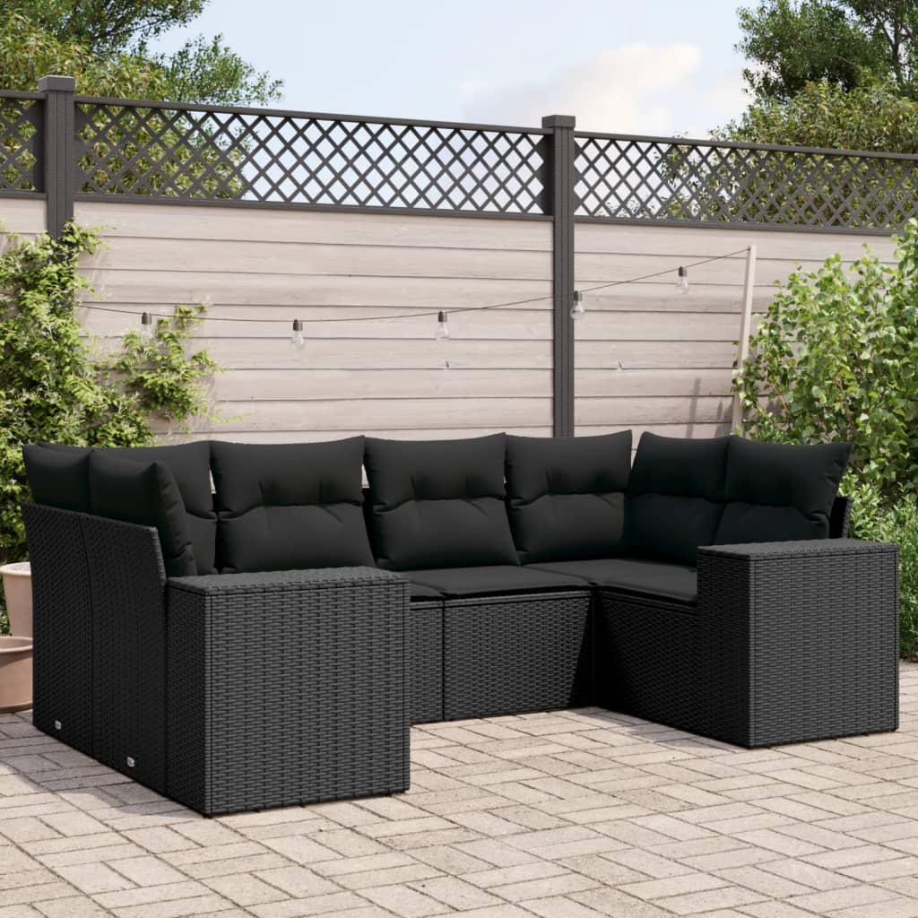 6 pcs conjunto sofás de jardim c/ almofadões vime PE preto